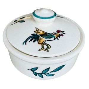 Vintage Acme Mini Lidded Trinket Dish Painted Rooster Chicken Graphics Japan